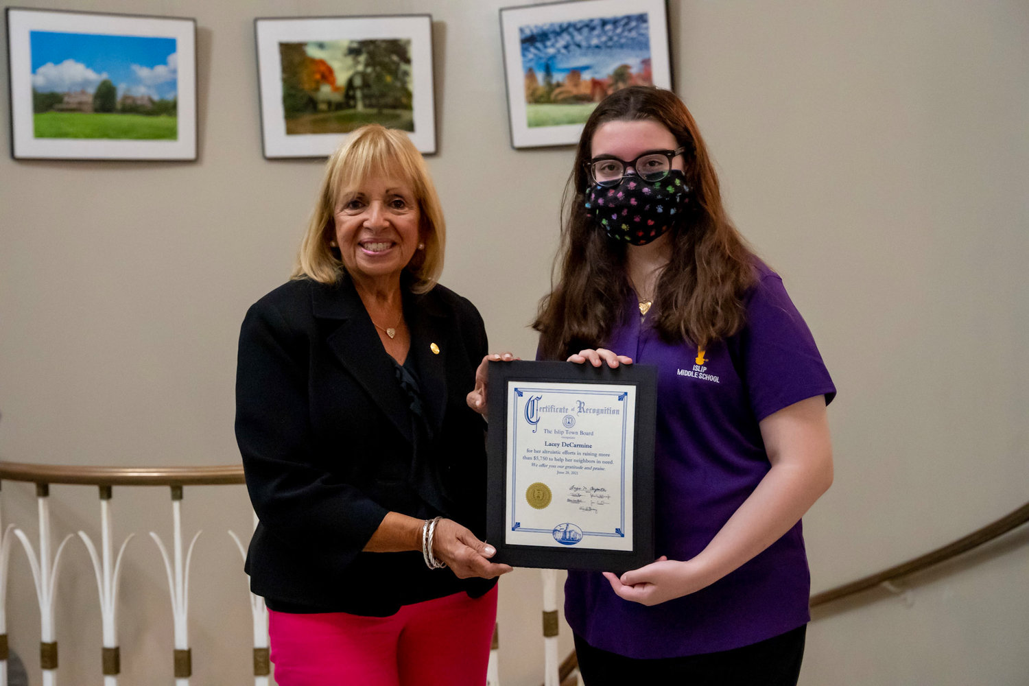 Lacey DeCarmine, a seventh grader at Islip Middle School, member of the National Junior Honor Society and a Girl Scout since kindergarten, was recently honored by supervisor Angie Carpenter at Islip Town Hall.